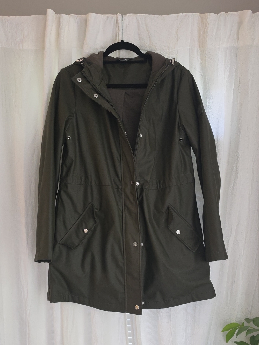 Lauren Ralph Lauren Olive Hooded Rain Coat with Snap & Zip Closure